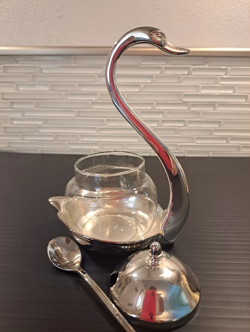 Vtg Elegance Silverware Jam Set Silver Plated Glass Swan W/ Cover And Spoon